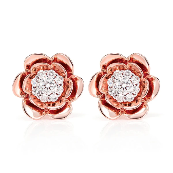 Bloomed Flower Diamond Cluster Stud Earrings 14k Solid Gold 0.15ctw