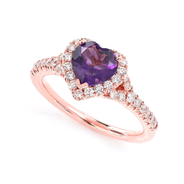 Heart Amethyst And Diamond Halo Ring 14k Solid Gold 1.50ctw