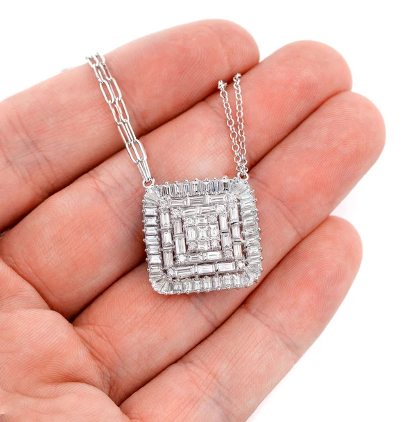 Three Layer Baguette Square Layer Pendant Attached With Dual Chain Necklace 14k Solid Gold 4.05ctw