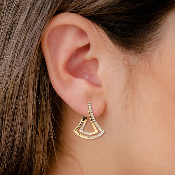 Two Row Chevron Diamond Half Hoop Earrings 14k Solid Gold 0.45ctw