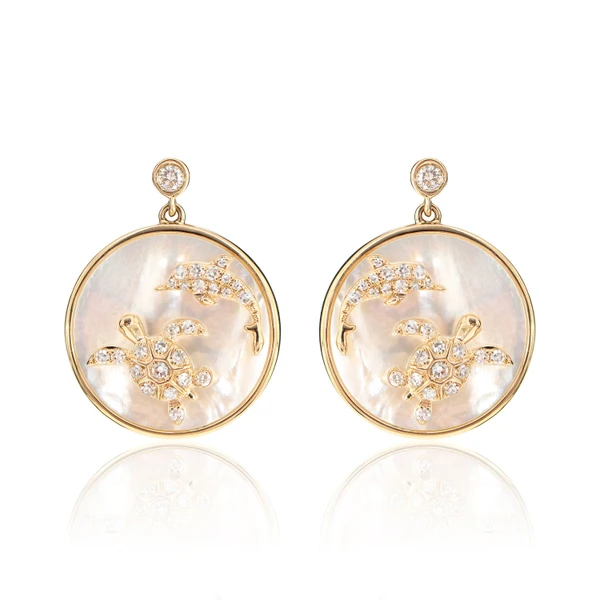 Mother Of Pearl And Diamond Sea Turtle Dolphin Earrings 14k Solid Gold 5.40ctw