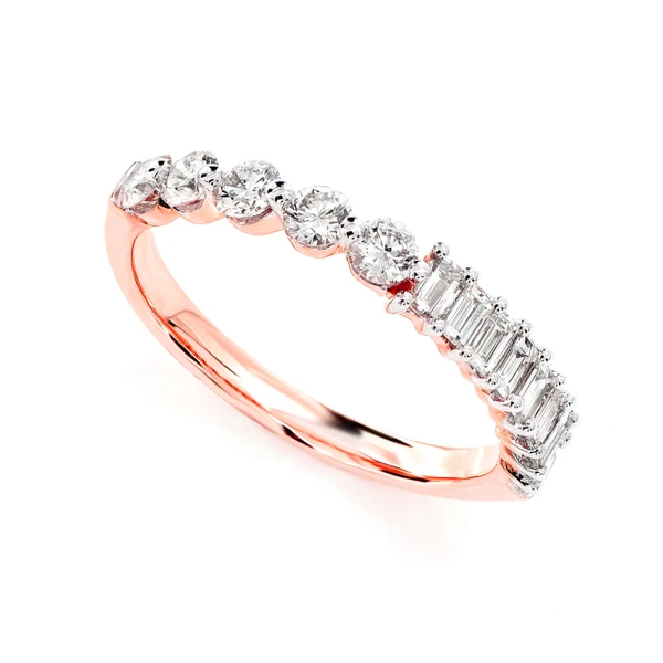 Single Row Half Baguette Half Round Diamond Ring 14k Solid Gold 0.90ctw