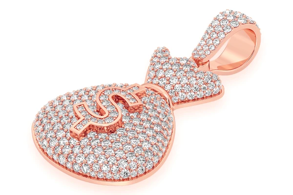 Money Bag Diamond Pendant 14k Solid Gold 3.33ctw