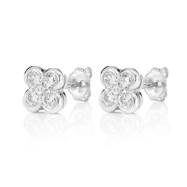 Diamond Clover Bezel Stud Earrings 14k Solid Gold 0.66ctw