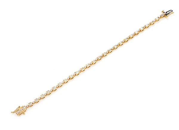 Diamond Baguette And Round Bezel Alternating Link Bracelet 14k Solid Gold 1.20ctw