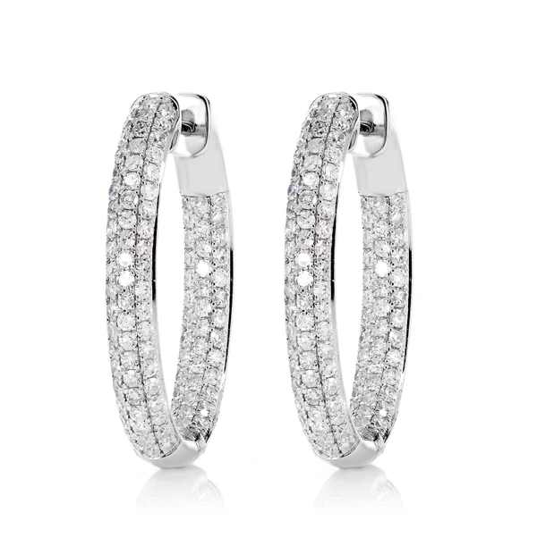 Three Row Inside Outside Diamond Hoop Earrings 14k Solid Gold 1.05ctw