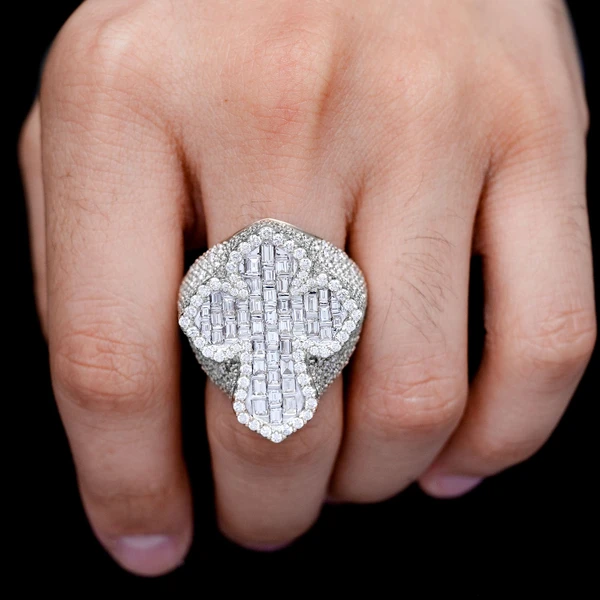 Deluxe Baguette Border Diamond Cross Signet Ring 14k Solid Gold 9.00ctw