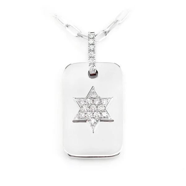 Star Of David Dog Tag Diamond Necklace Attached 14k Solid Gold 0.19ctw