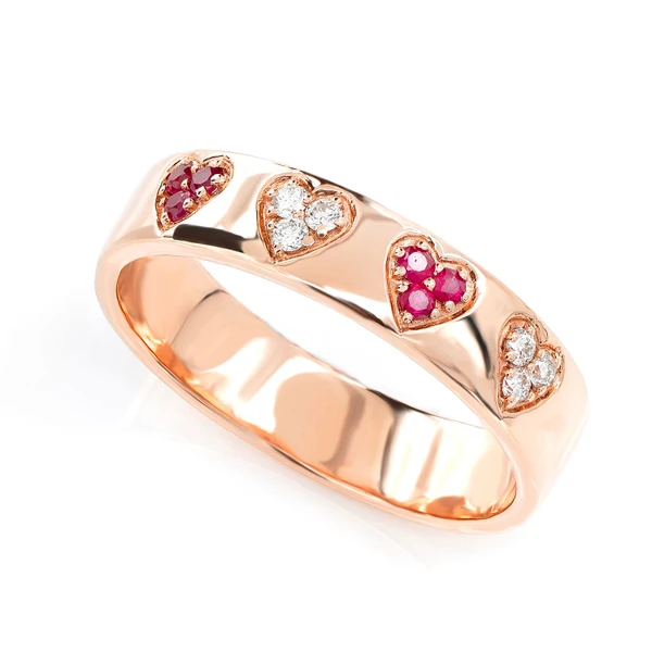 Ruby And Diamond Cluster Heart Band Ring 14k Solid Gold 0.12ctw