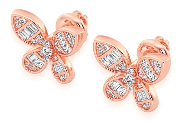 Butterfly Baguette Stud Diamond Earrings 14k Solid Gold 0.65ctw