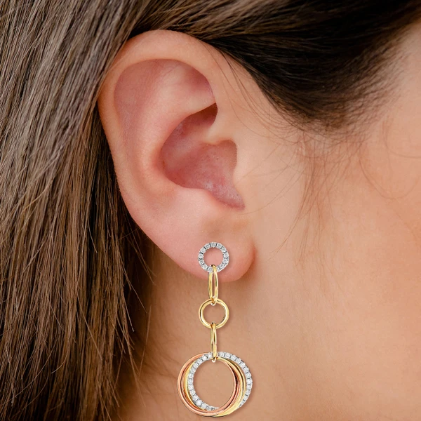 Interlocked Trinity Tri Tone Diamond Dangle Hoop Earrings 14k Solid Gold 1.00ctw