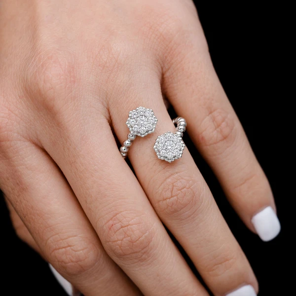 Hexagon Cluster Bypass Diamond Ring 14k Solid Gold 0.66ctw