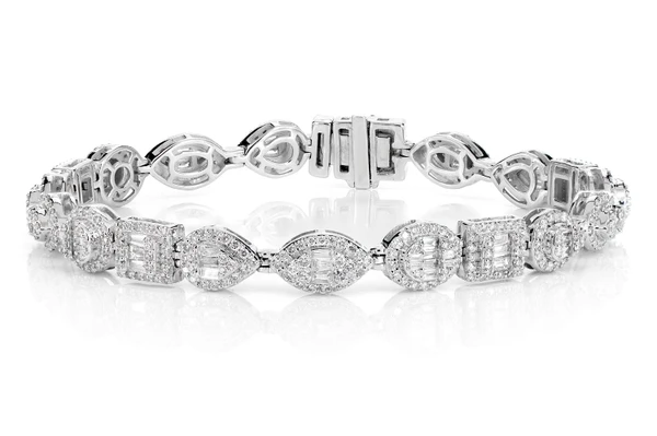 Baguette And Round Multi Shape Link Diamond Bracelet 14k Solid Gold 4.00ctw 