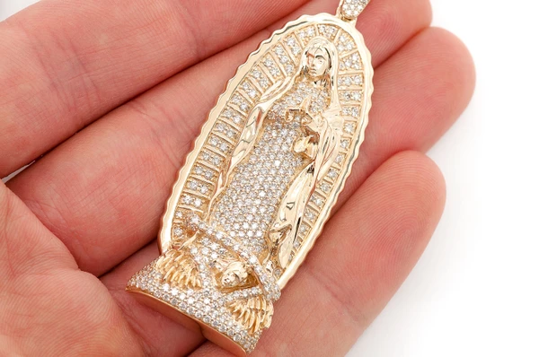 Virgin Of Guadalupe Statue Diamond Pendant 14k Solid Gold 3.20ctw