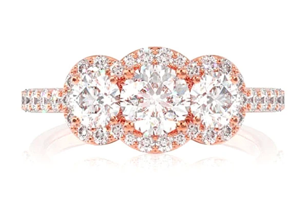 3 Stone Halo Diamond Engagement Ring 1.50ctw- 14k Solid Gold- All Natural