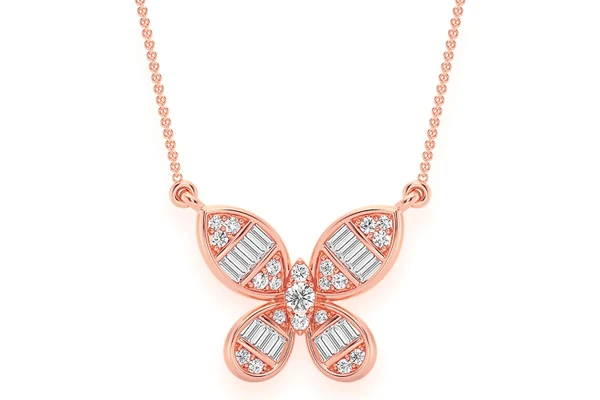  Butterfly Baguette Diamond Necklace Connected 14k Solid Gold 0.33ctw