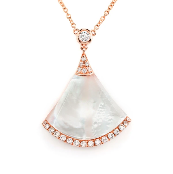 Mother Of Pearl Fan And Diamond Bezel Pendant Attached Necklace 14k Solid Gold 0.35ctw 