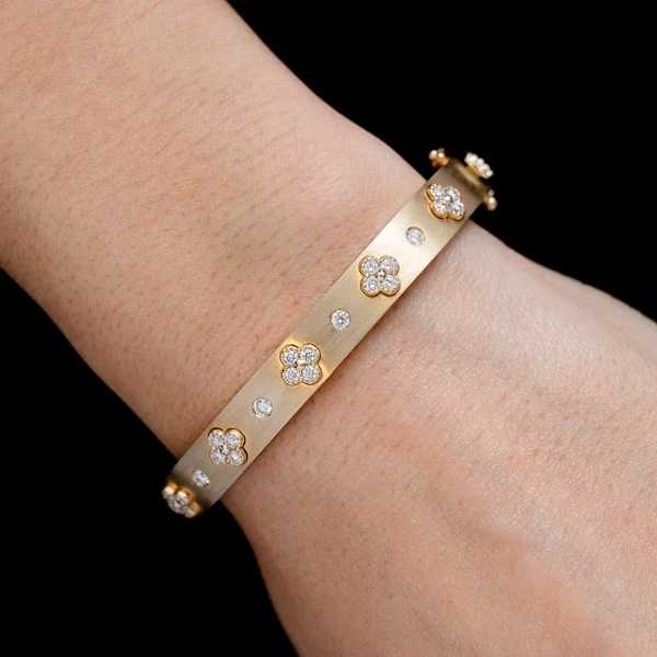 Diamond Milgrain Clover Satin Bangle Bracelet 14k Solid Gold 0.80ctw