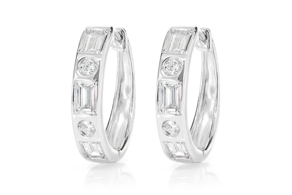 Gypsy Set Baguette Diamond Hoops 14k Solid Gold 0.70ctw