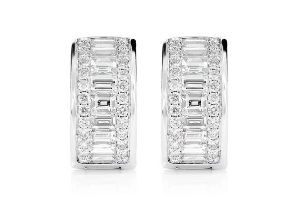 Baguette And Round Diamond Border Hoop Earrings 14k Solid Gold 1.80ctw