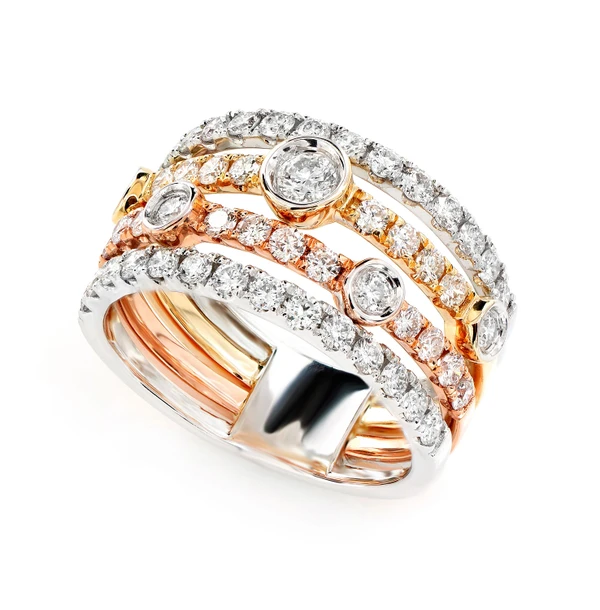 Four Row Tri-Color Scattered Bezel Diamond Ring 14k Solid Gold 1.45ctw