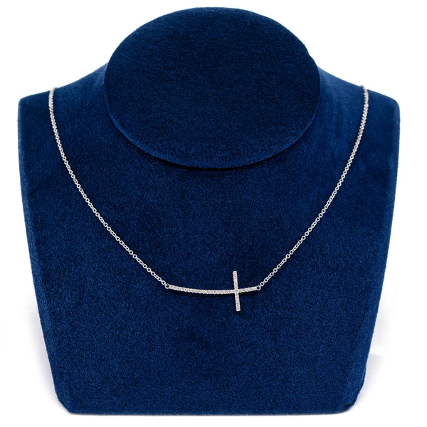 Curved Sideways Diamond Cross Pendant Necklace Attached 14k Solid Gold 0.15ctw