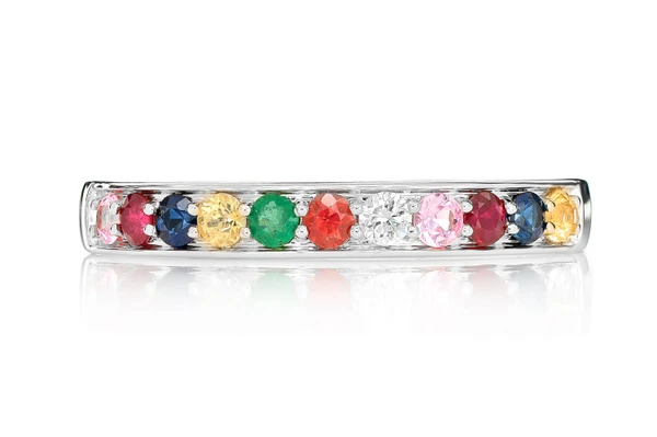 Multi-Colored Gemstone & Diamond Band 14k Solid Gold 0.30ctw