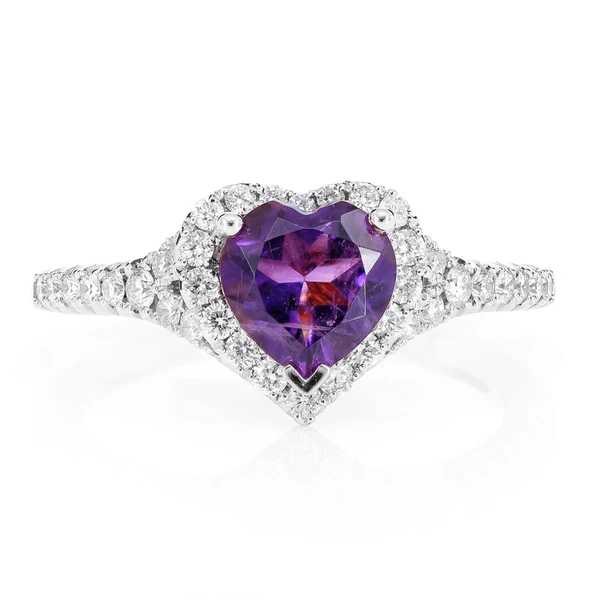 Heart Amethyst And Diamond Halo Ring 14k Solid Gold 1.50ctw