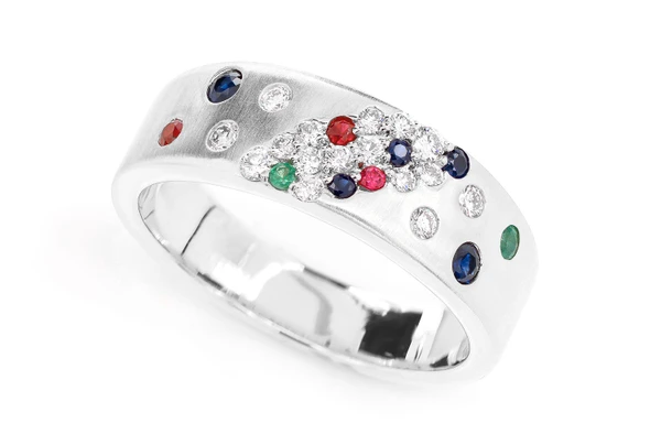 Scattered Cluster Multi Gem And Diamond Band Ring 14k Solid Gold 0.35ctw