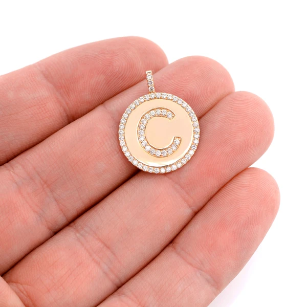 Diamond Cirlce Border Any Letter Disc Pendant 14k Solid Gold 0.50ctw