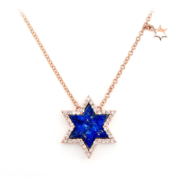 Lapis Star Of David Diamond Pendant Necklace Attached 14k Solid Gold 0.24ctw