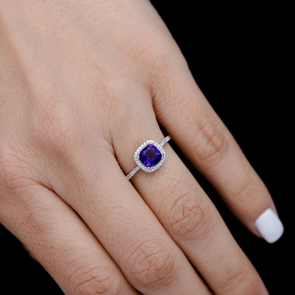 Amethyst Cushion And Diamond Halo Ring 14k Solid Gold 1.00ctw