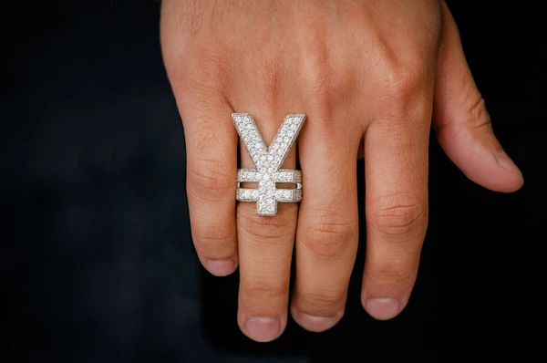 Yen Symbol Signet Diamond Ring 14k Solid Gold 8.50ctw