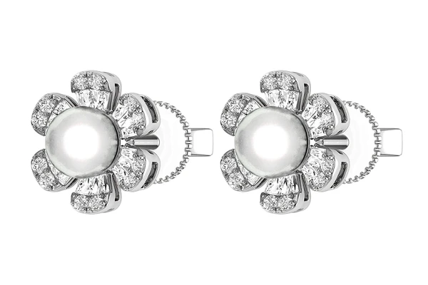 Pearl Diamond Daisy Stud Earrings 14k Solid Gold 0.30ctw
