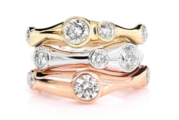 Tri-Color Scattered Gypsy Set Diamond Ring 14k Solid Gold 2.10ctw