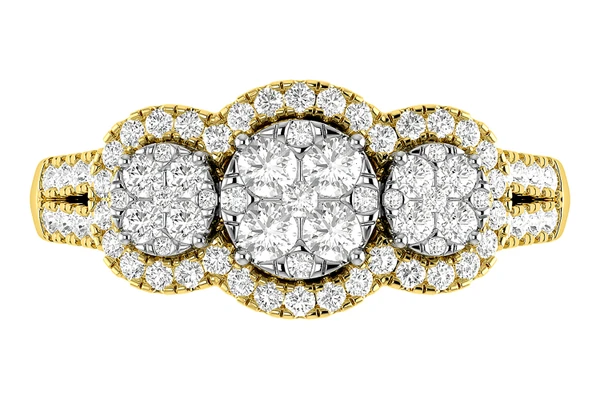 3 Stone Cluster Split Shank Diamond Engagement Ring 0.85ctw - 14k Solid Gold - All Natural