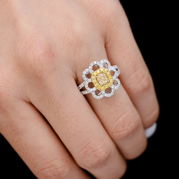 Eight Petal Yellow And White Diamond Flower Ring 14k Solid Gold 1.25ctw