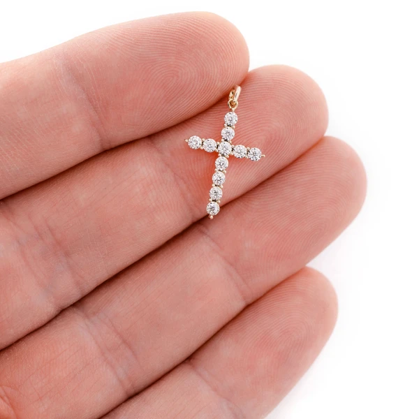 One Row Miracle Set Diamond Cross Pendant 14k Solid Gold 0.12ctw