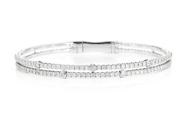 Two Row Scattered Bezel Flex Bangle Bracelet 14k Solid Gold 1.55ctw