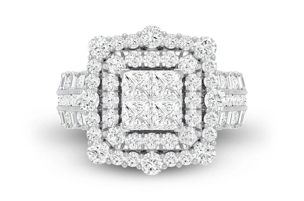 3.25ctw - Square Double Halo Cluster Wide Band - Diamond Engagement Ring - All Natural