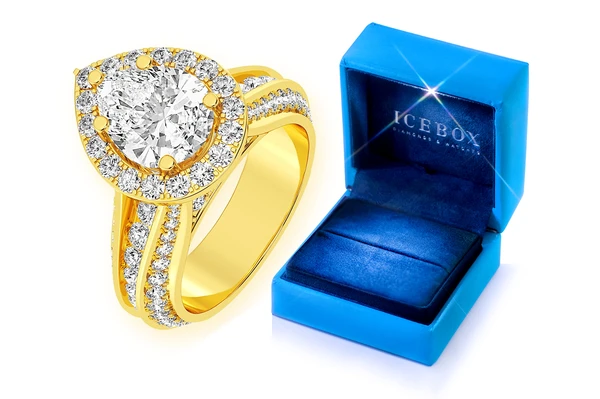 Monst - 2.00ct Pear Solitaire - Three Row Graduated Split Halo - Diamond Engagement Ring - All Natural