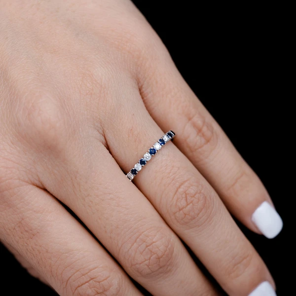  Single Row Sapphire And Diamond Band Ring 14k Solid Gold 0.38ctw