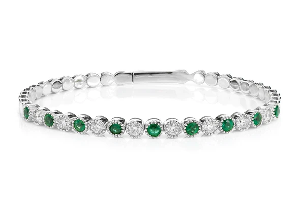 Emerald And Diamond Beaded Milgrain Flex Bangle Bracelet 14k Solid Gold 2.10ctw