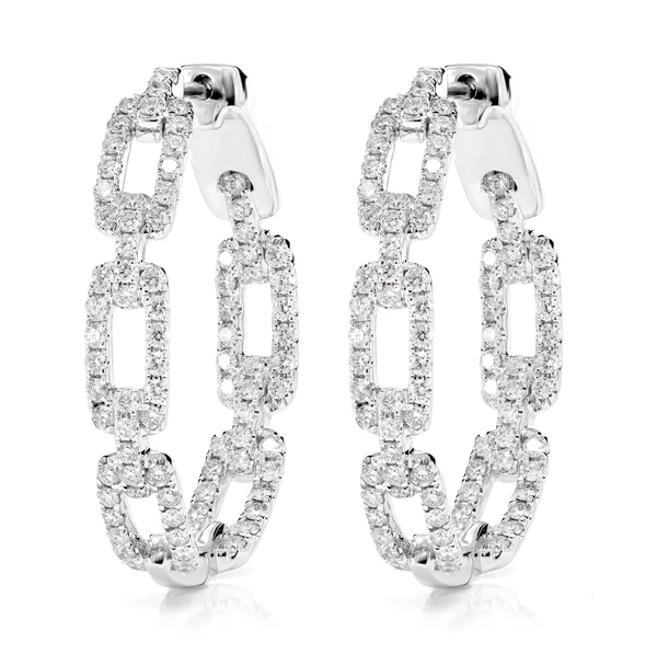 Diamond Rectangular Link Hoop Earrings 14k Solid Gold 1.80ctw