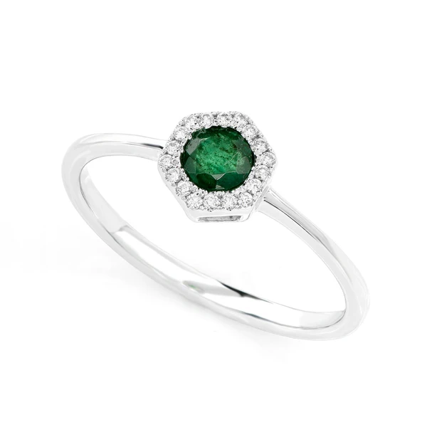 Emerald And Diamond Hexagon Halo Ring 14k Solid Gold 0.25ctw
