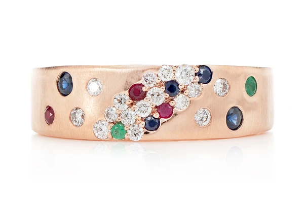 Scattered Cluster Multi Gem And Diamond Band Ring 14k Solid Gold 0.35ctw