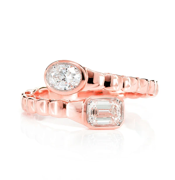 Oval And Baguette Diamond Bypass Ring 14k Solid Gold 0.85ctw