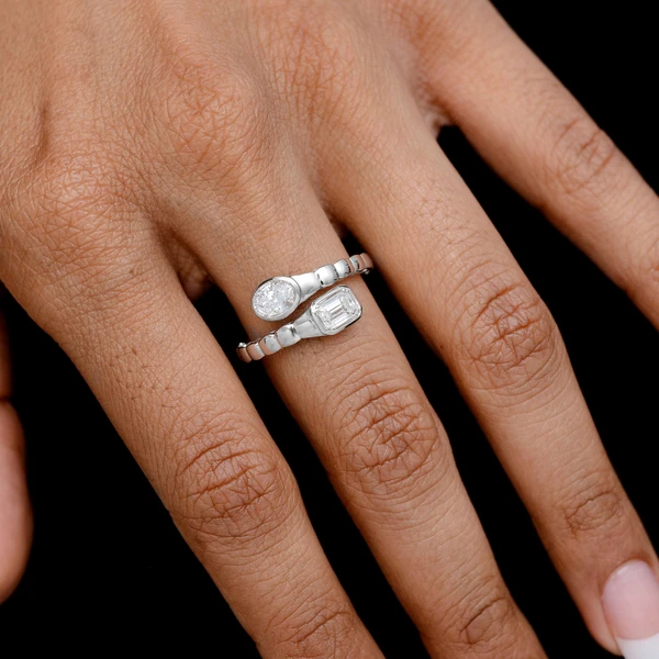 Oval And Baguette Diamond Bypass Ring 14k Solid Gold 0.85ctw