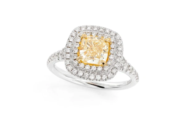 1.50ct Cushion Fancy Yellow Diamond Double Halo Diamond Ring 14k Solid Gold 