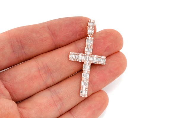 Baguette Cross Diamond Pendant 14k Solid Gold 2.00ctw